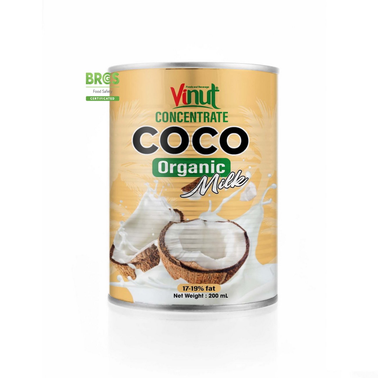 VINUT Organic Coconut Milk 200ml Can Concentrate (17%-19% Fat) Fresh-Squeezed 100% Natural Vietnam Cooking Use 12-Month Shelf